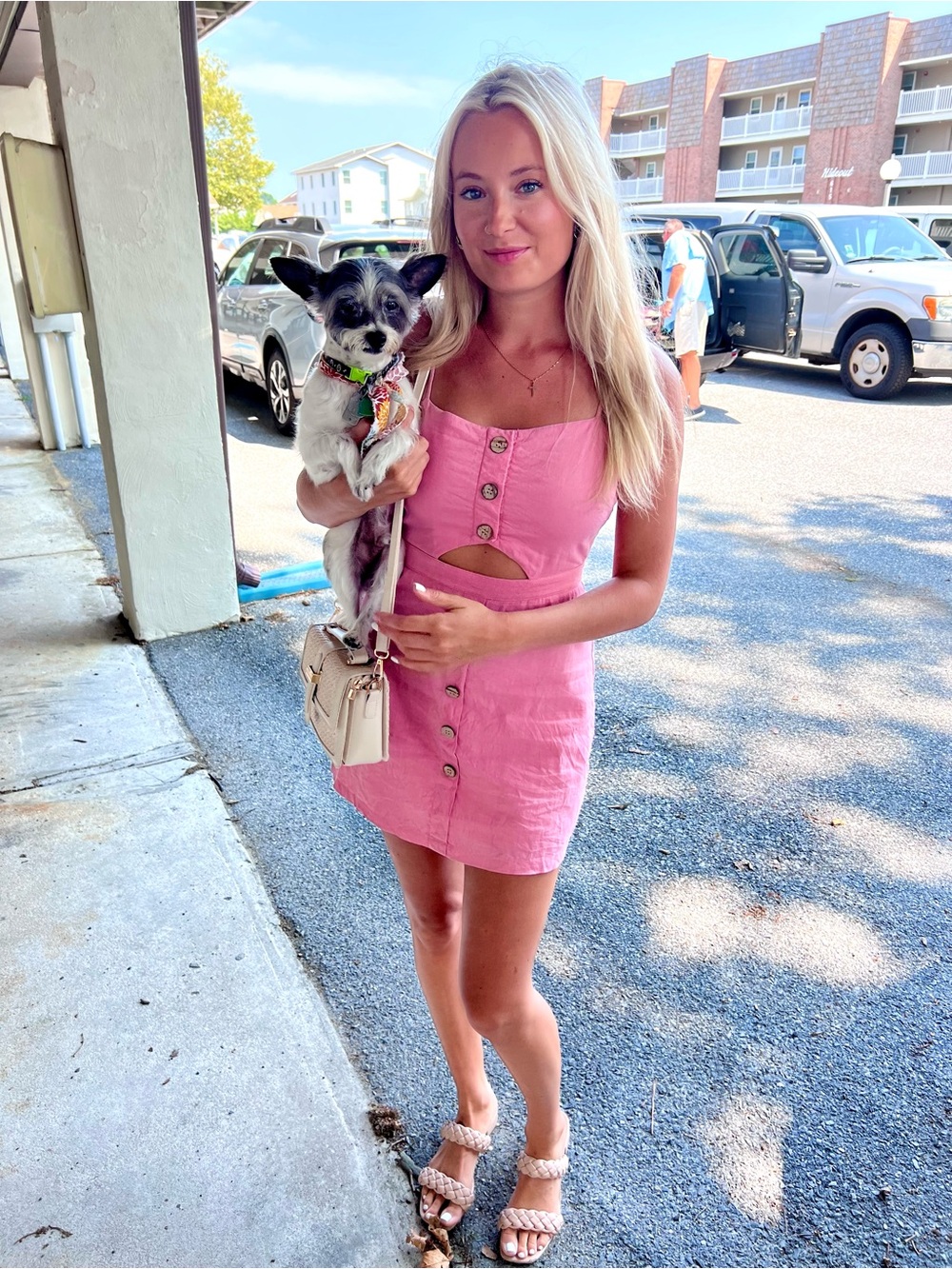 Pink Button-Front Mini Dress with Cutout